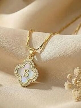 Gold Initial 'S' Mother-of-Pearl CZ Clover Pendant Seed Chain Necklace